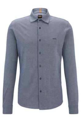 Slim-fit shirt in melange cotton jersey, Dark Blue