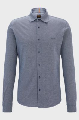 Slim-fit shirt in melange cotton jersey, Dark Blue