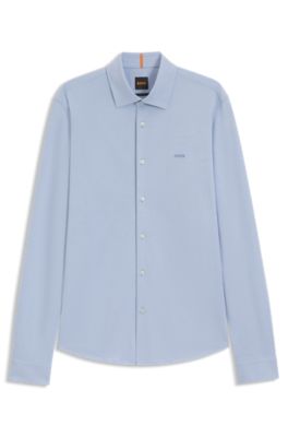 Slim-fit shirt in melange cotton jersey, Blue