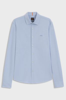 Slim-fit shirt in melange cotton jersey, Blue