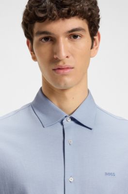 Slim-fit shirt in melange cotton jersey, Blue