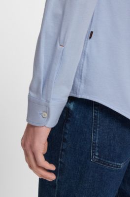 Slim-fit shirt in melange cotton jersey, Blue