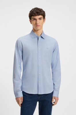 Slim-fit shirt in melange cotton jersey, Blue