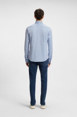 Slim-fit shirt in melange cotton jersey, Blue