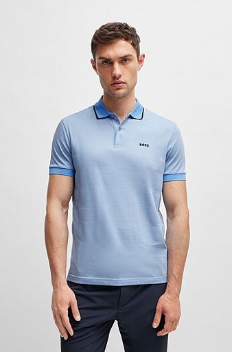 Cotton polo shirt with popcorn-structure stripe, Light Blue