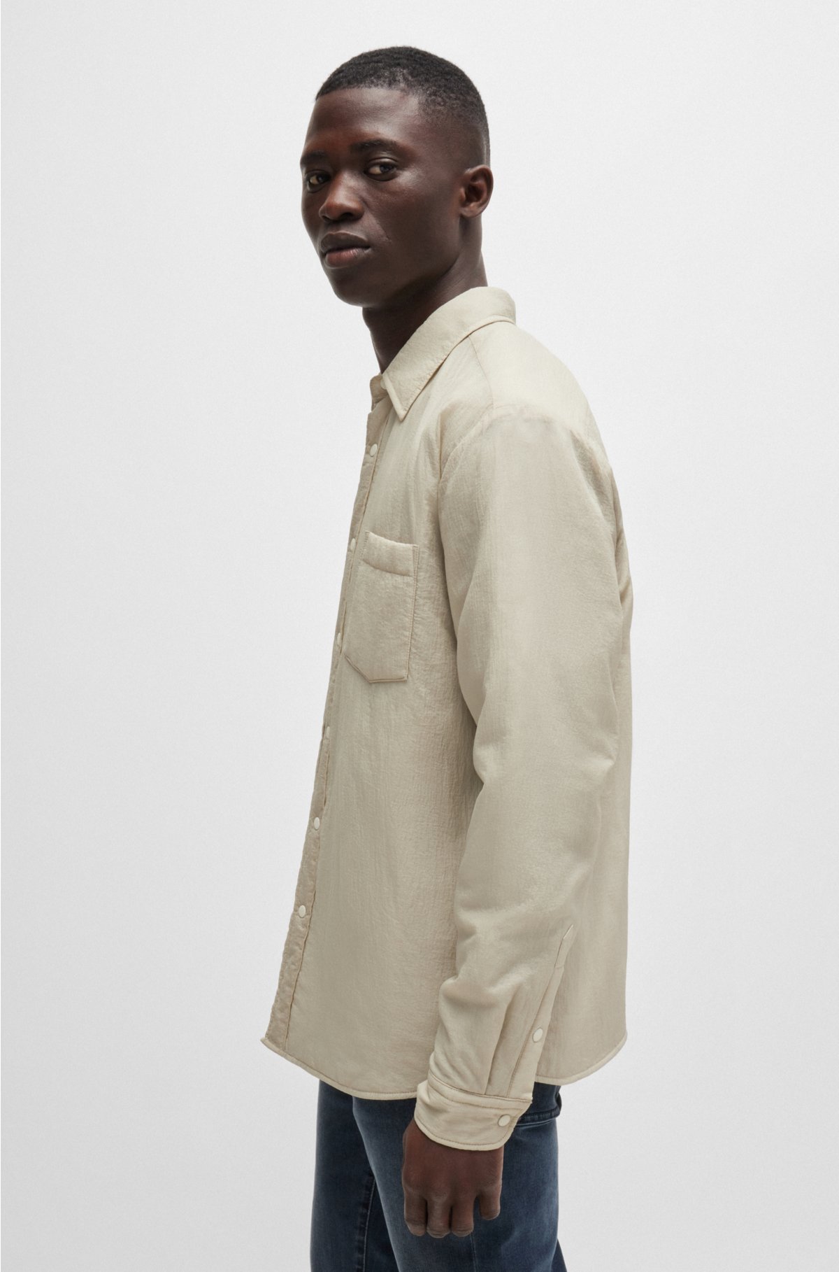 Relaxed-fit overshirt with inner quilting and point collar, Light Beige