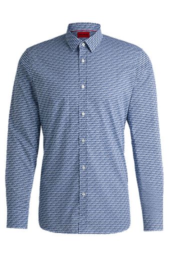 Extra-slim-fit shirt in printed cotton poplin, Light Blue