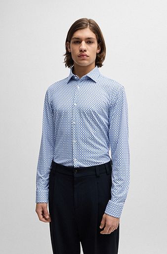 Slim-fit shirt in printed performance-stretch canvas, Blue Patterned