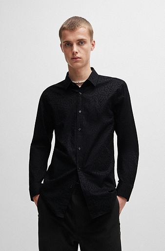 Extra-slim-fit shirt in animal-pattern cotton jacquard, Black