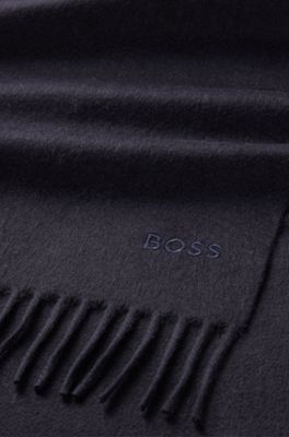 BOSS Italiancashmere scarf with fringing and embroidered logo