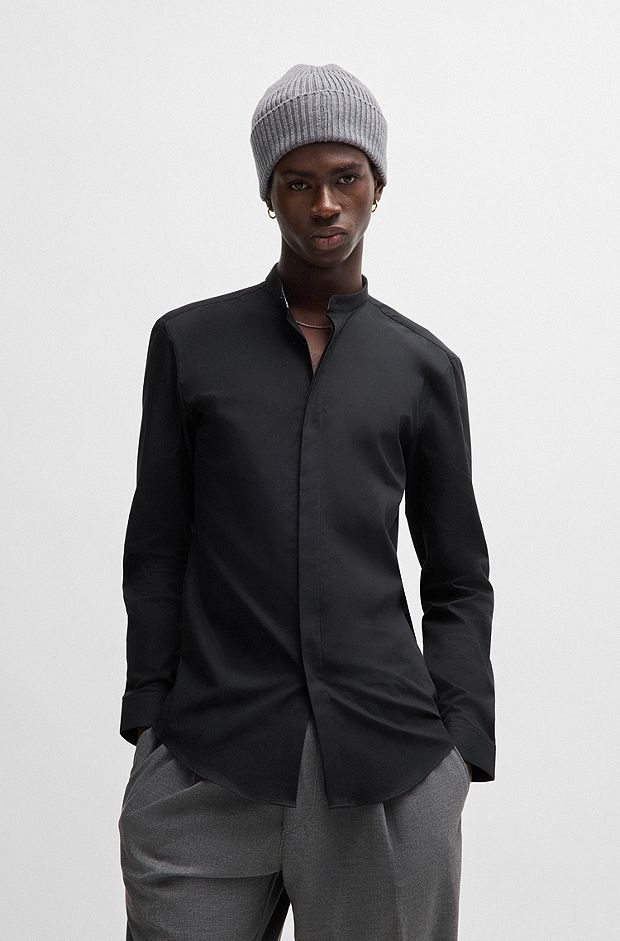 Slim-fit shirt in cotton with patterned inner placket, Black