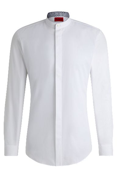 Slim-fit shirt in cotton with patterned inner placket, White