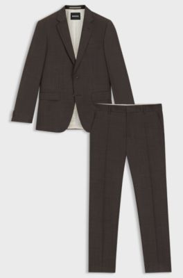 Slim-fit suit in micro-patterned stretch virgin wool, Dark Brown