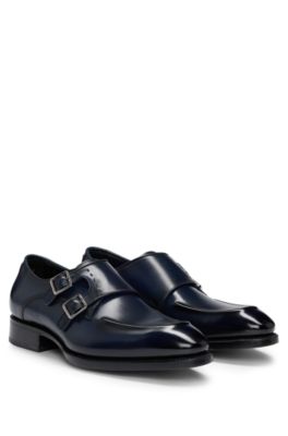 BOSS - Double-strap monk shoes in leather with heel detail - Dark Blue