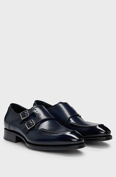 Double-strap monk shoes in leather with heel detail, Dark Blue
