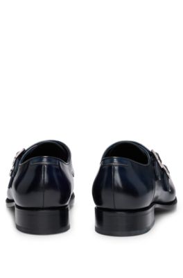 BOSS - Double-strap monk shoes in leather with heel detail - Dark Blue