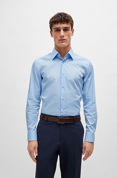 Slim-fit shirt in easy-iron stretch-cotton poplin, Light Blue