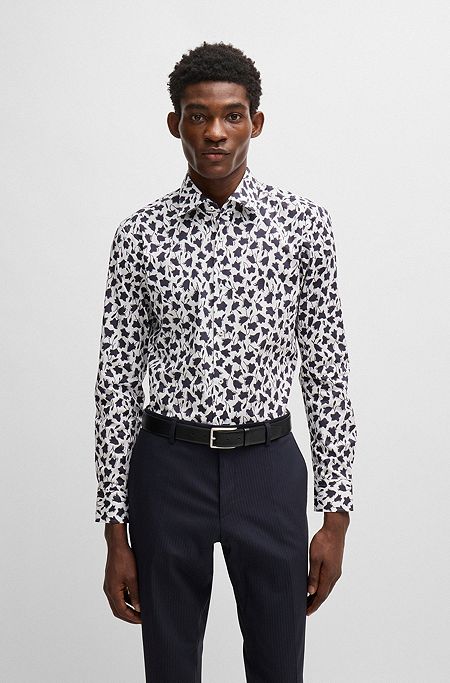 Slim-fit shirt in floral-print stretch-cotton poplin, Dark Blue