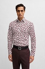 Slim-fit shirt in floral-print stretch-cotton poplin, Dark Red
