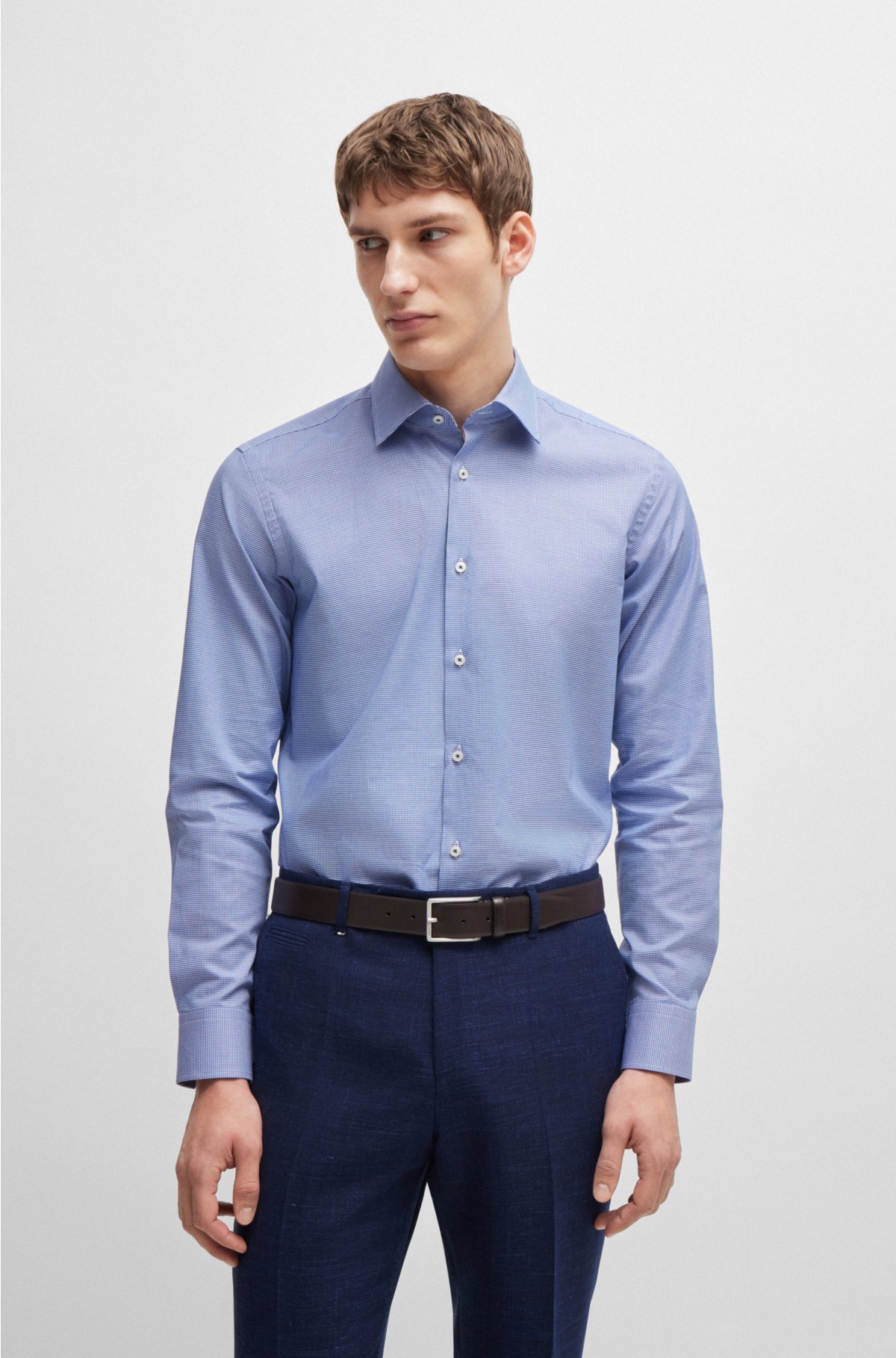 Regular-fit shirt in easy-iron pepita stretch cotton, Blue