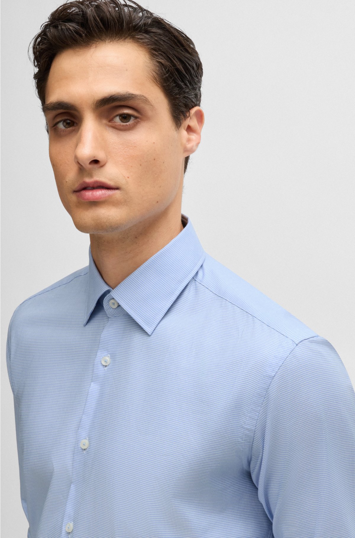 Regular-fit shirt in easy-iron pepita stretch cotton, Light Blue