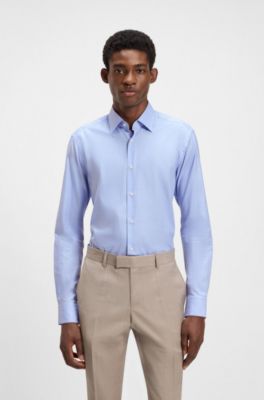 Regular-fit shirt in easy-iron pepita stretch cotton, Light Blue