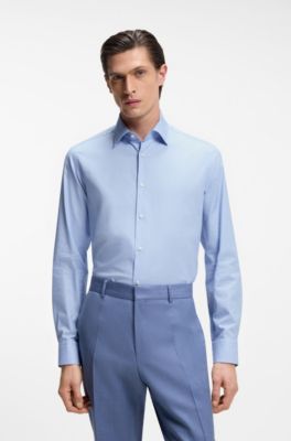 Regular-fit shirt in easy-iron pepita stretch cotton, Light Blue