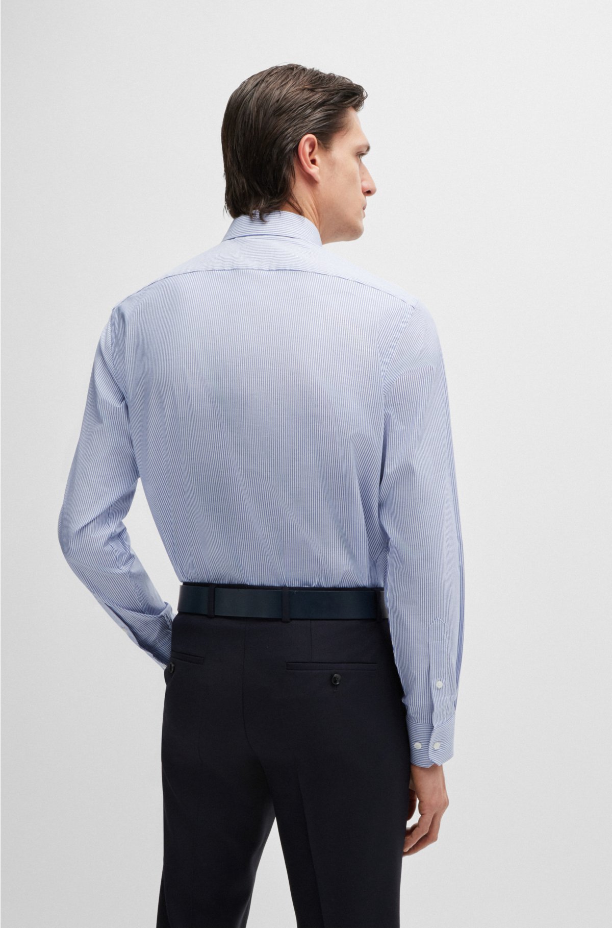 Regular-fit shirt in easy-iron striped stretch cotton, Blue