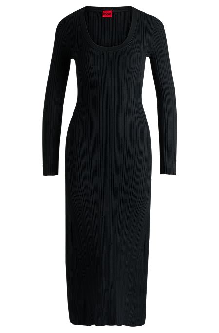 Slim-fit midi-length dress with irregular ribbed structure, Black