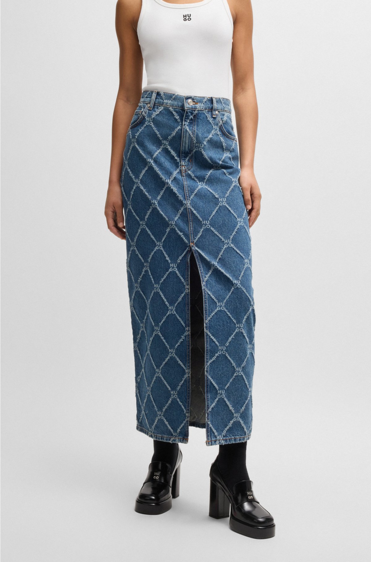 Rigid-denim maxi skirt with stacked-logo pattern, Blue Patterned