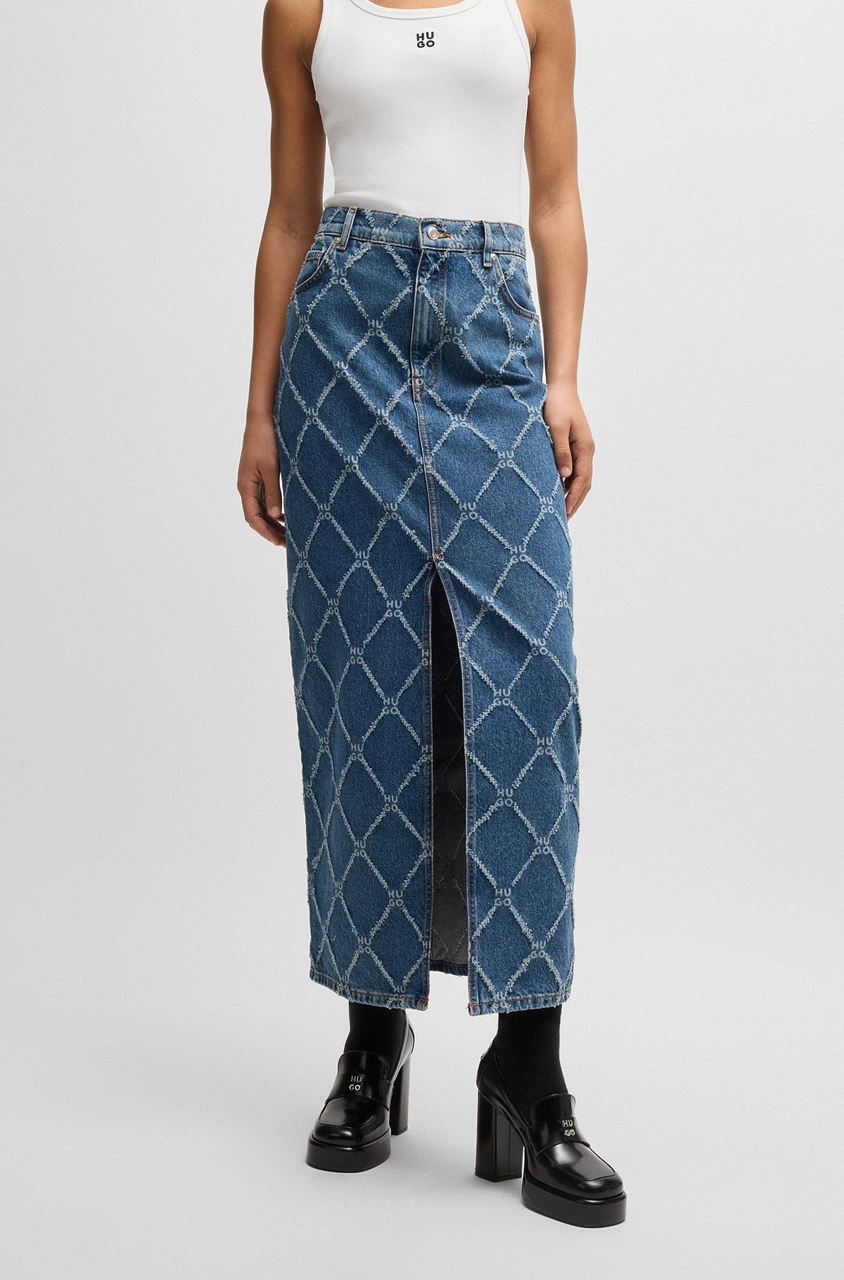 Rigid-denim maxi skirt with stacked-logo pattern, Blue Patterned