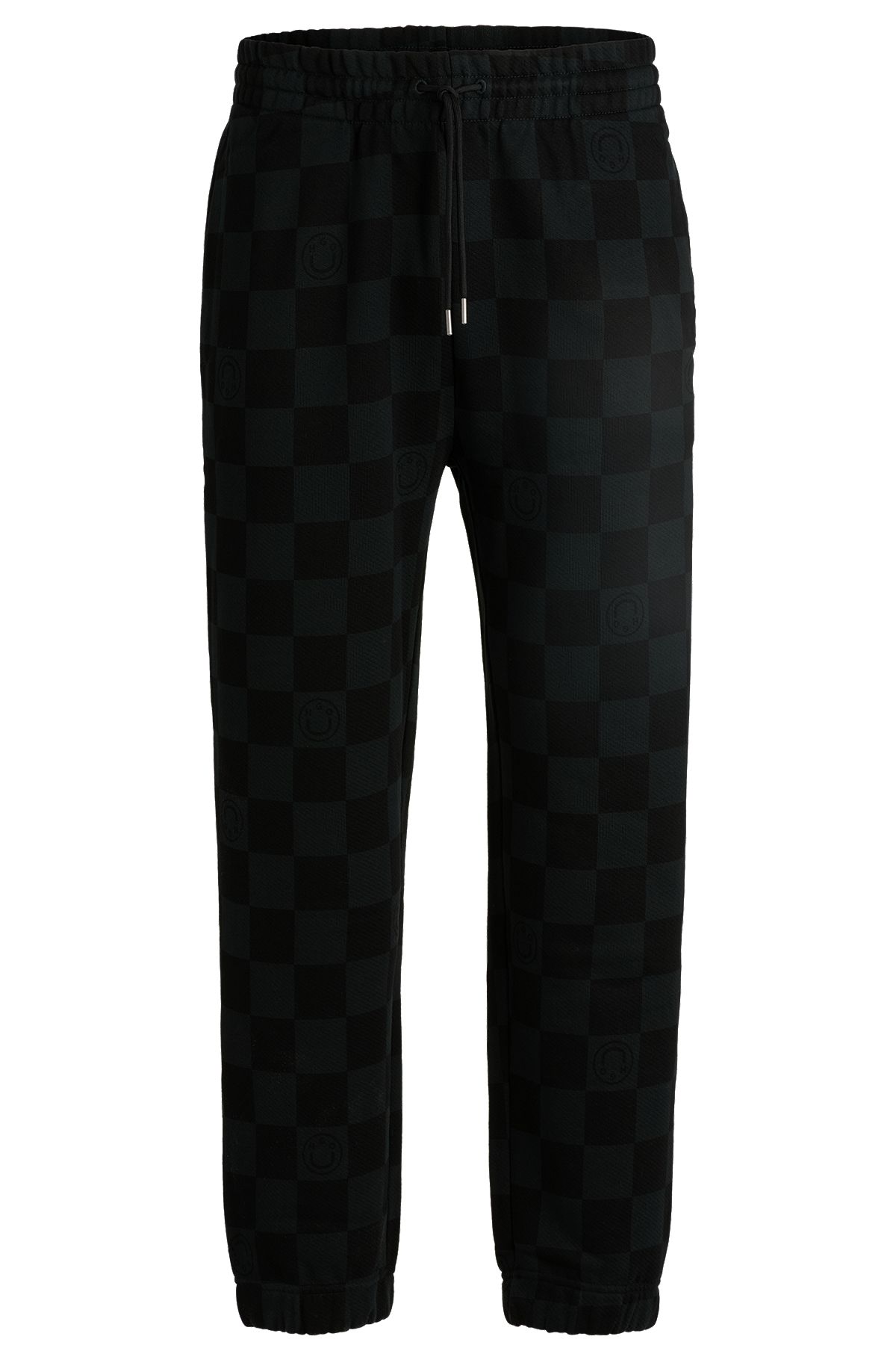Loose-fit tracksuit bottoms with checkerboard print, Black