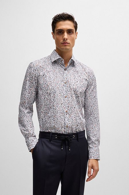 Slim-fit shirt in floral-print stretch cotton, Beige Patterned