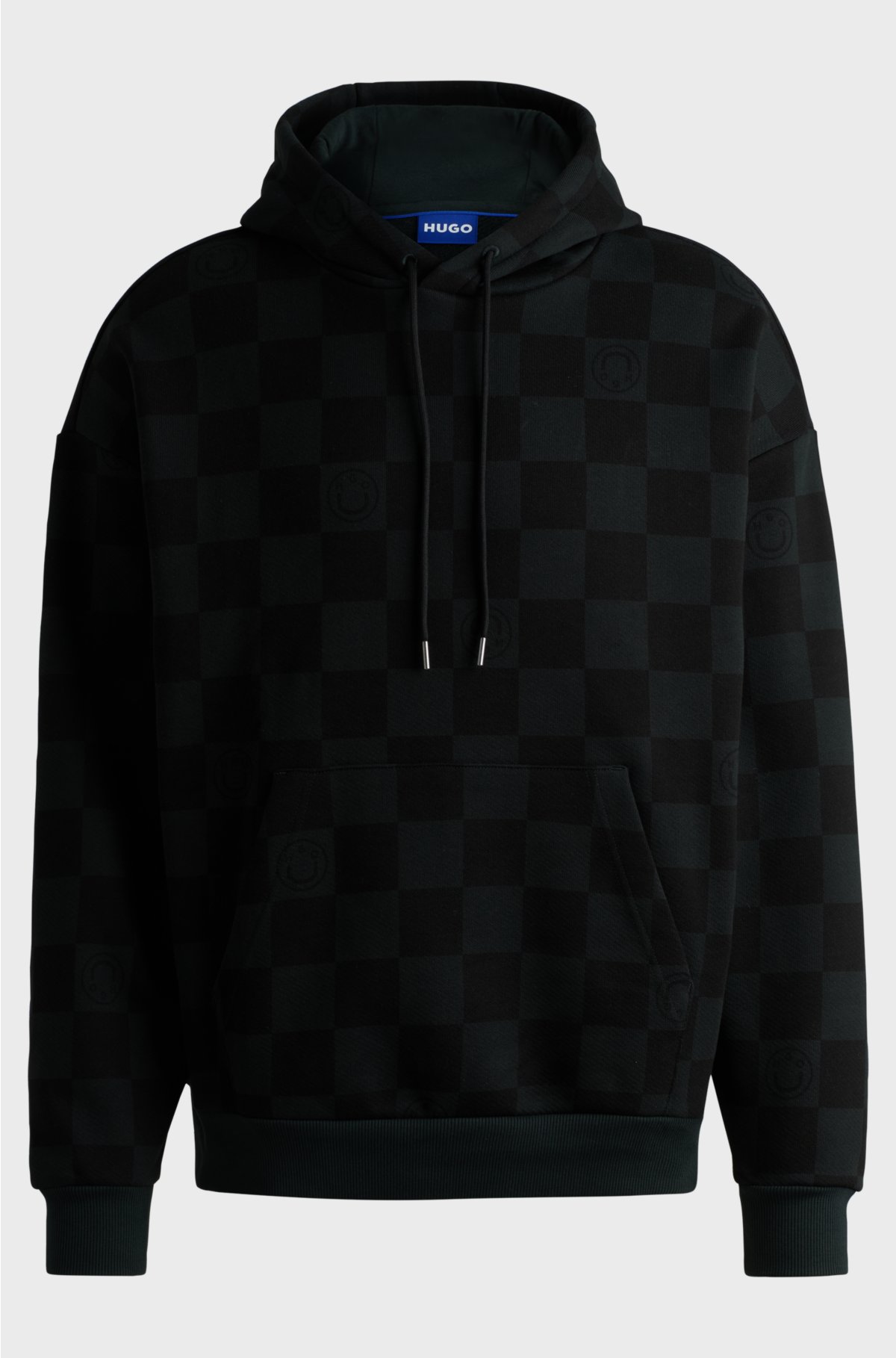 Loose-fit hoodie in cotton terry with checkerboard print, Black