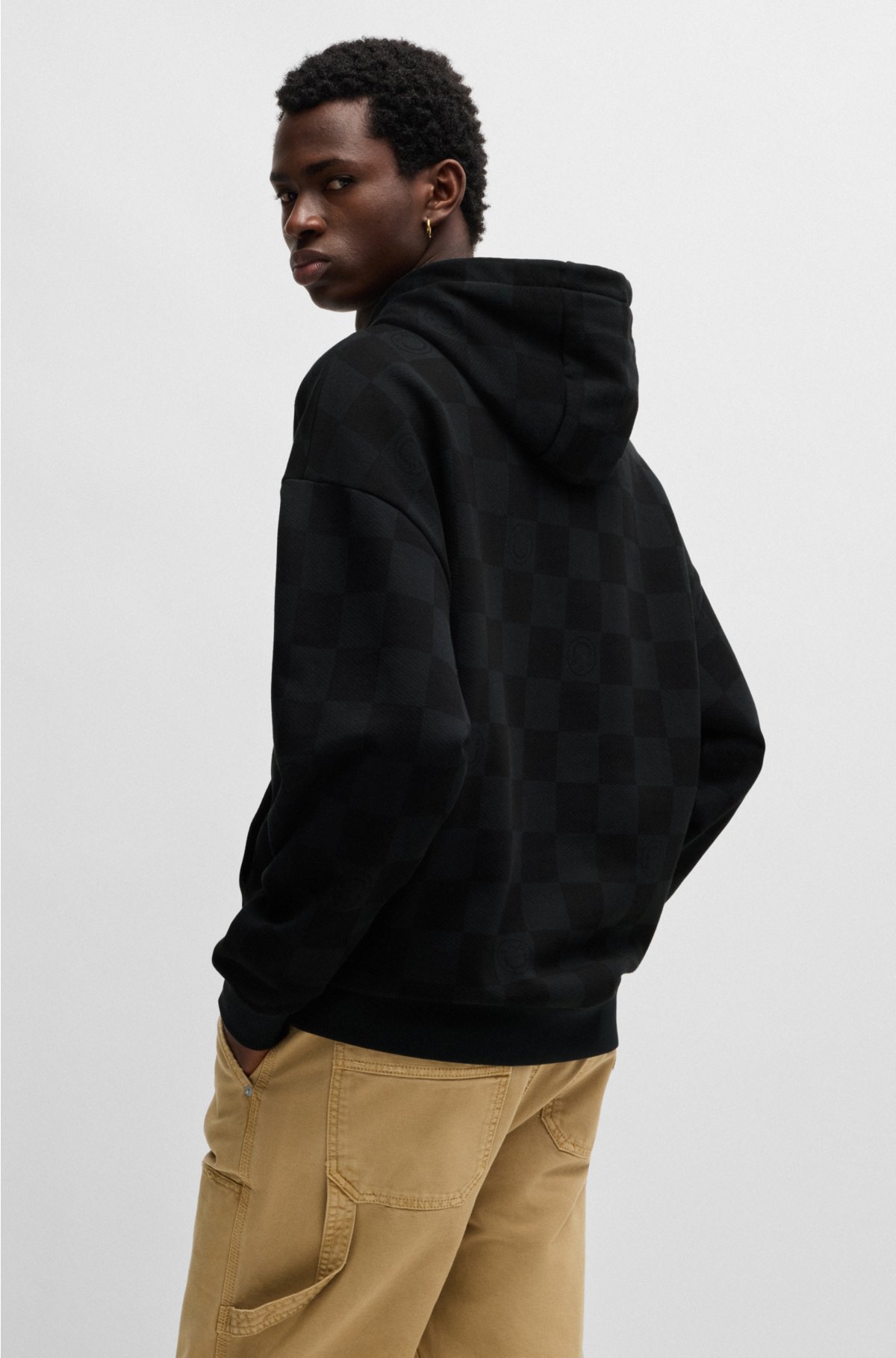 Loose-fit hoodie in cotton terry with checkerboard print, Black