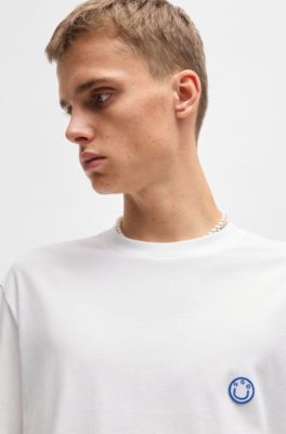 Cotton-jersey T-shirt with Happy HUGO logo, White