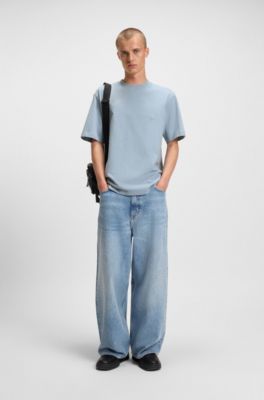 Cotton-jersey T-shirt with Happy HUGO logo, Light Blue