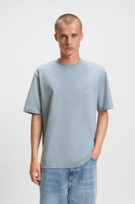 Cotton-jersey T-shirt with Happy HUGO logo, Light Blue
