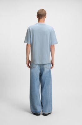 Cotton-jersey T-shirt with Happy HUGO logo, Light Blue