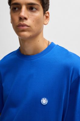 Cotton-jersey T-shirt with Happy HUGO logo, Light Blue