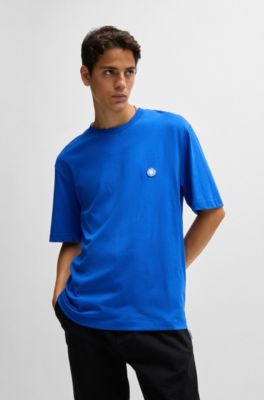 Cotton-jersey T-shirt with Happy HUGO logo, Light Blue