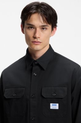 Oversized-fit workwear shirt in cotton twill, Black