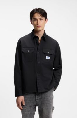 Oversized-fit workwear shirt in cotton twill, Black