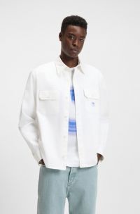 Camicia in twill di cotone con etichetta con logo, Bianco