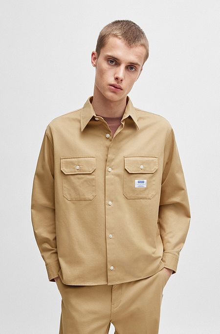 Cotton-twill shirt with logo label, Beige