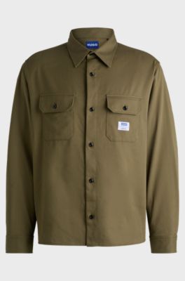 Cotton-twill shirt with logo label, Olive