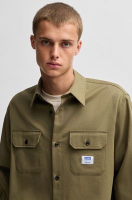 Cotton-twill shirt with logo label, Olive