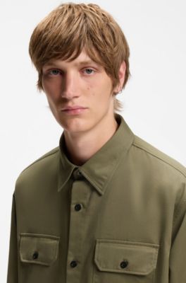 Oversized-fit workwear shirt in cotton twill, Olive