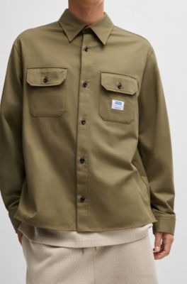 Cotton-twill shirt with logo label, Olive