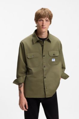 Oversized-fit workwear shirt in cotton twill, Olive